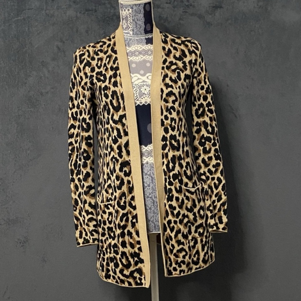 J Crew Cardigan Womens XXS Leopard Print Open Front Sweater AG764 Pockets Casual